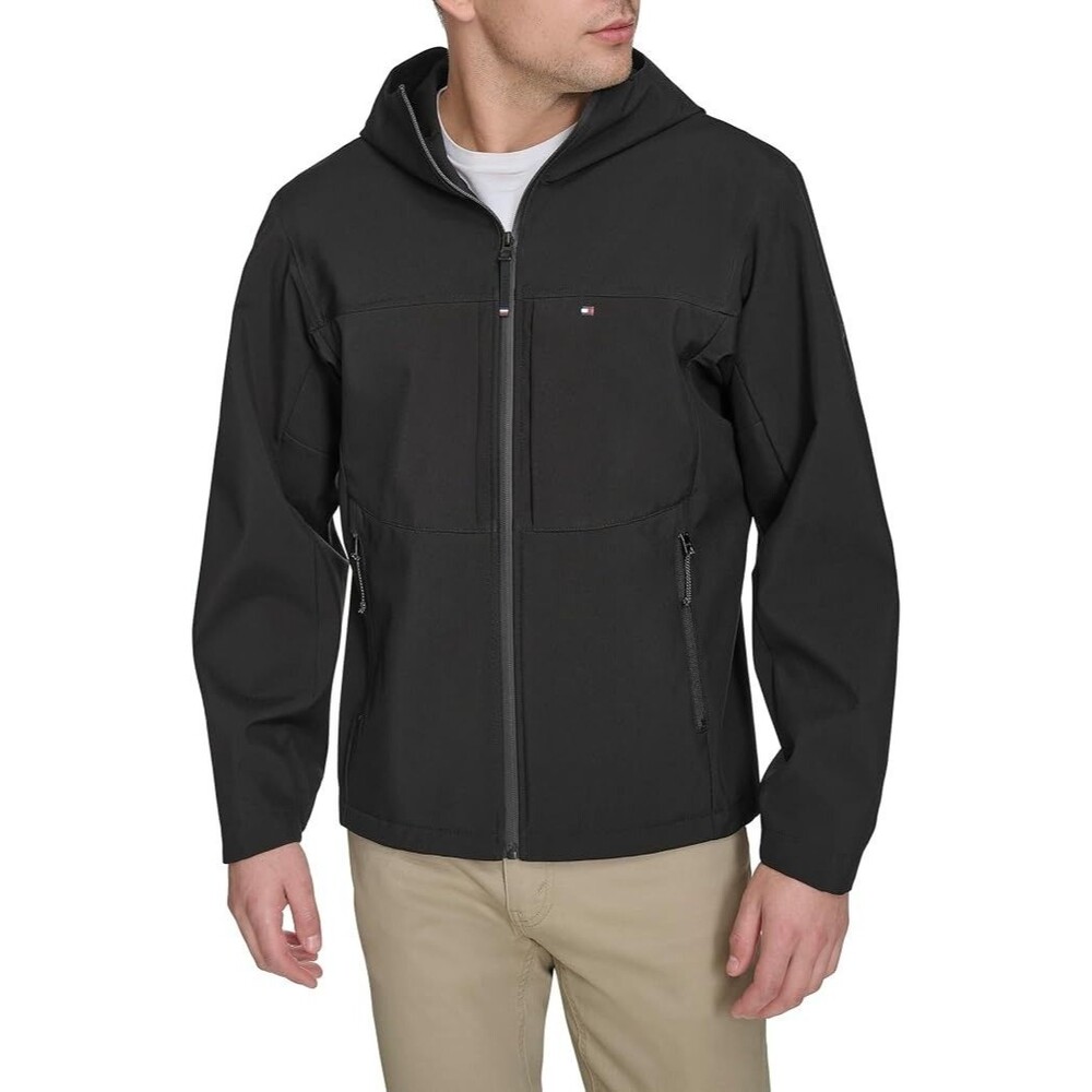 TOMMY HILFIGER Jacket Mens Small Black Hooded Zip Up Water Wind Resistant $195